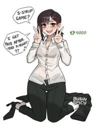 black_pants blush brown_eyes brown_hair double_v english_text female hair_ornament hairclip kneeling looking_at_viewer office_lady open_mouth pants shirt smile solo underwear