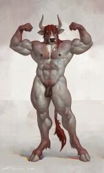 2025 abs ankle_tuft anthro arm_tuft balls bovid bovine cattle cloven_hooves digital_media_(artwork) elbow_tuft flexing flexing_bicep flexing_both_biceps flexing_muscles foreskin front_view full-length_portrait fur genitals green_eyes hair hi_res hooves horn humanoid_genitalia humanoid_penis leg_tuft male mammal muscular muscular_anthro muscular_male nipples nude nude_anthro nude_male pecs penis portrait red_hair signature simple_background solo standing tail tail_tuft taran_fiddler tuft vein veiny_muscles