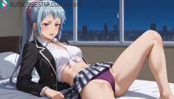1girls ai_generated artist_name artist_signature bed black_jacket blue_hair blush breasts cameltoe clothes_lift hair_ornament hi_res high_resolution highres indoors kawasaki_saki kurutai long_hair lying medium_breasts midriff my_teen_romantic_comedy_snafu navel on_back on_bed open_clothes panties parted_lips pink_scrunchie ponytail purple_eyes purple_panties school_uniform shirt skirt sobu_high_school_uniform solo subscribestar subscribestar_username tied_shirt uncensored underwear