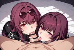 1boy 2girls ai_generated crossover double_fellatio fate/grand_order fellatio ffm_threesome honkai:_star_rail kafka_(honkai:_star_rail) oncetwice pov pov_blowjob scathach_(fate) threesome