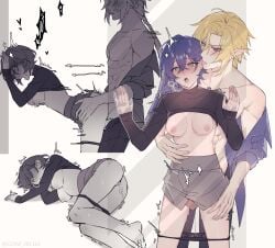 1boy abs absurdres after_sex against_glass against_wall artist_name ass barefoot belle_(zenless_zone_zero) belly black_panties black_pants black_shirt blonde_hair blue_hair bouncing_breasts breasts ccxvi_201116 closed_eyes clothed_sex clothes_lift crossed_bangs cum cum_in_ass english_commentary female green_eyes grey_skirt hair_between_eyes hands_on_another's_hips heavy_breathing highres hugo_vlad licking licking_ear long_sleeves lying medium_breasts moaning multiple_tails nipples open_mouth panties pants purple_shirt pussy_juice red_eyes sex sex_from_behind shirt simple_background skirt stomach tail twitching twitter_username underwear white_background zenless_zone_zero