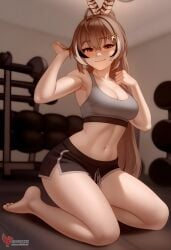 1girls 2d ai_generated ass barefeet big_ass breasts brown_hair erophoenix feet female female_focus full_body gym hairclip hololive hololive_english hololive_english_-council- hololive_english_-promise- indoors looking_at_viewer medium_breasts nanashi_mumei navel patreon_username short_shorts shorts solo solo_female sports_bra sweat thick thick_thighs toes uncensored virtual_youtuber vtuber