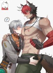 abs animal_ears big_pecs blush closed_eyes clothed clothing fully_clothed gay komano_manato male male_focus male_only muscular muscular_male nipple_play nipple_suck nipple_sucking nipples pecs seum shirt shirt_lift shirt_up size_difference sucking_nipples sweat sweatdrop tail wise_(zenless_zone_zero) yaoi zenless_zone_zero