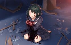 barefoot bleeding blood blood_on_clothes blood_on_face blood_splatter blush closed_eyes cuts female full_body game_cg glass_shards green_hair guro highres indoors injury kaguyuzu kuryo_nozomi looking_at_viewer nie_no_hakoniwa non-web_source open_mouth school_uniform serafuku short_hair sitting smile solo uterus