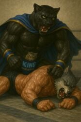 2boys anthro_on_anthro cape furry male male_only panther sweaty_body underwear_only wolf wrestling