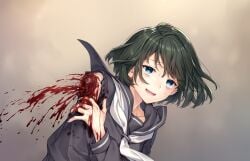 bleeding blood blue_eyes female game_cg green_hair guro highres injury kaguyuzu kuryo_nozomi nie_no_hakoniwa non-web_source open_mouth school_uniform serafuku severed_arm severed_limb short_hair smile solo sweat upper_body