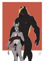 abs animal_genitalia animal_penis anthro areola asinus balls biceps bondage digital_media_(artwork) donkey duo equid equine equine_genitalia equine_penis erection eye_contact eyewear eyewear_only fur genitals glasses glasses_only hair hi_res holding_object horse looking_at_another male male/male mammal muscular muscular_anthro muscular_male navel nevets nipples nude pecs penis pubes round_glasses simple_background size_difference small_dom_big_sub standing tail wearing_glasses