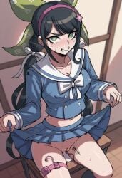 ai_generated body_writing chabashira_tenko danganronpa danganronpa_v3 midriff nipple_bulge no_panties school_uniform schoolgirl skirt_lift tally_marks vibrator_in_pussy
