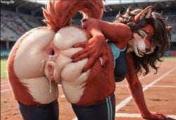ai_generated anthro blush bottomless brown_eyes brown_hair cum_leaking_out_of_anus exhibitionism female fur furry furry_wolf gaping_anus looking_at_viewer medium_breasts open_mouth outdoor_nudity outdoors red_fur self_upload sports_bra sportswear spread_ass tail_up thighhighs wolf wolf_ears wolf_tail