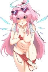 absurdres ambriel_(arknights) ambriel_(holiday)_(arknights) arknights breasts clothes_pull cowboy_shot female finger_to_mouth half_updo halo heart heart-shaped_eyewear highres leaning_forward long_hair medium_breasts nipples one-piece_swimsuit_pull pink_hair purple_eyes pussy_juice_stain radioneet red_nails scrunchie shushing smile solo uncensored very_long_hair wrist_scrunchie