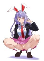 animal_ears blazer female highres jacket light_censor long_hair miniskirt necktie no_panties purple_hair pussy pussy_juice rabbit_ears rabbit_girl red_eyes reisen_udongein_inaba skirt smile soara_shimomo squatting touhou
