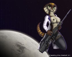 1girls 2007 background breasts female female_only gun moon planet shandi snake solo solo_female space spacesuit spotty_the_cheetah wallpaper weapon