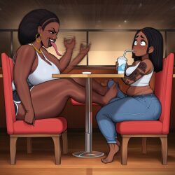 age_difference ai_assisted ai_generated dark-skinned_female dark-skinned_futa dark_skin daughter fellatio_gesture female foot_fetish foot_play footjob futanari greyscaler huge_ass huge_balls huge_breasts huge_cock incest long_tongue mother mother_and_daughter under_the_table voluptuous voluptuous_female wide_hips