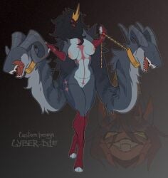 absurd_res areola armwear asmodeus_(helluva_boss) big_areola big_breasts black_body black_fur breasts chain_leash chains clothing collar cyber_d1e cyber_die_(cyber_d1e) elbow_gloves female fingerless_gloves fur gloves handwear helluva_boss hi_res horn humanoid leash nipples nude red_eyes redesign simple_background solo teeth text thick_thighs tongue vulva wide_hips