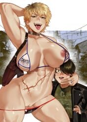 1boy 1boy1girl 1girls abs arm_behind_head arm_up bikini blonde_hair huge_breasts lesox222 male muscular_female nipples rings scar tongue_out tongue_piercing