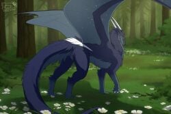 black_body black_fur blue_eyes claws dragon endermoonfur female feral flower forest forest_background fur furred_dragon furred_scalie grass grey_body grey_fur grey_membrane hi_res horn looking_at_viewer membrane_(anatomy) membranous_wings mythological_creature mythological_scalie mythology nature nature_background pink_vulva plant pussy scalie solo tree vulva white_claws white_horn wings