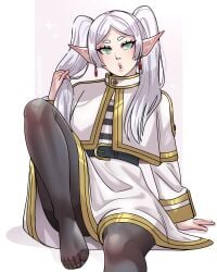 1girls bent_leg dangerousbride earrings elf elf_ears elf_female female female_only frieren green_eyes hair_grab long_hair looking_at_viewer pantyhose pink_lips sitting solo sousou_no_frieren twintails very_high_resolution white_background white_hair