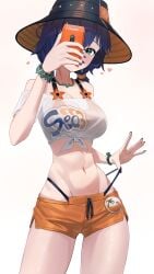 1girls absurdres belle_(zenless_zone_zero) bikini_under_shorts blue_hair breasts bucket_hat commentary crop_top female green_eyes hat highres holding holding_phone jaihu medium_breasts midriff navel official_alternate_costume orange_shorts phone shirt short_hair short_shorts shorts simple_background solo thighs tied_shirt white_background white_shirt zenless_zone_zero