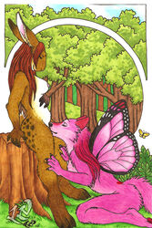 2010 anthro breasts butterfly canine closed_eyes color cunnilingus day eyes female forest fur furry hybrid lagomorph licking luthiennightwolf oral oral_sex outdoors pink rabbit sex tongue tree wings wolf yuri