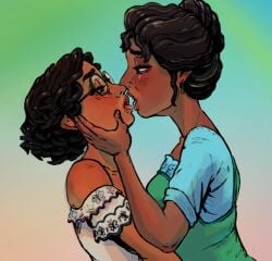 aged_up blush brown_eyes brown_hair brown_skin curly_hair encanto glasses incest julesartstash julieta_madrigal kissing milf mirabel_madrigal mother_and_daughter self_upload spit_trail tongue yuri