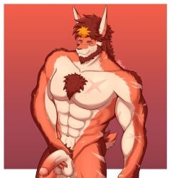 anthro balls barazoku beard chest_tuft facial_hair foreskin fur genitals gradient_penis hair hand_on_penis hi_res high-angle_view koziol lagomorph leporid looking_at_viewer male mammal muscular muscular_male orange_body orange_eyes orange_fur penis pubes rabbit red_body red_fur red_hair ren_(rabbity) scar simple_background solo tuft