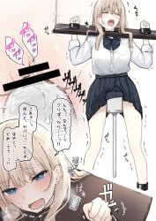 black_bow black_bowtie blonde_hair blue_eyes blush bound bow bowtie check_translation clenched_hands clitoral_stimulation closed_eyes earrings female_orgasm forced_orgasm highres jewelry long_hair moaning nanonanno open_mouth orgasm original pillory pleated_skirt pussy pussy_juice pussy_juice_drip_through_clothes pussy_juice_trail restrained saliva saliva_trail school_uniform sex_machine sex_toy skirt translation_request vibrator vibrator_under_clothes