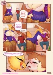 1boy 1girls 4_toes absurd_res anthro bandai_namco barefoot blue_eyes bodily_fluids bottomwear breasts bulge canid canine canis cleavage clothed clothed_anthro clothed_female clothed_male clothing comic dialogue digi_(yourdigimongirl) digimon digimon_(species) digital_media_(artwork) domestic_dog english_text eyewear feet female fur glasses kiss_on_lips leo_(yourdigimongirl) male male/female mammal mane renamon saliva saliva_string school_uniform size_difference skirt speech_bubble text toes uniform url yellow_body yellow_fur yourdigimongirl