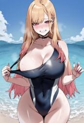1girls ai_assisted ai_generated areola areola_slip areolae beach blonde_hair blush brat bratty choker competition_swimsuit female flashing flashing_breasts gradient_hair grin gyaru huge_breasts kitagawa_marin looking_at_viewer nail_polish one-piece_swimsuit outdoors pink_eyes pink_hair sea seaside skin_tight smug swimsuit tease teasing teasing_viewer thick thick_thighs thighs truck-kun_art truck_kun wide_hips