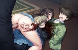 2boys ass black_hair bleeding blood blood_on_clothes breasts brother_and_sister brown_eyes censored clothes_lift defloration despair dress dress_lift erection female game_cg hakama half-siblings hands_on_own_ass highres injury japanese_clothes kaguyuzu kimono long_hair mosaic_censoring multiple_boys nie_no_hakoniwa non-web_source on_floor open_mouth penis rape restrained rikugou_sanae rikugou_touta sex siblings small_breasts straight vaginal_penetration wide-eyed yasaka_kurou