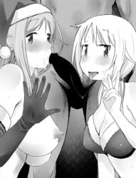 1boy 2girls blush breasts christmas covered_nipples elbow_gloves fellatio female greyscale hat large_breasts long_hair looking_at_viewer male monochrome multiple_girls nipples oral penis santa_costume santa_hat straight tongue tongue_out vaginal_penetration