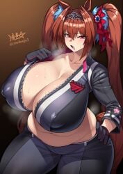 cnmbwjx contrapposto cooling_off covered_erect_nipples daiwa_scarlet_(umamusume) gigantic_breasts hyper_breasts legs_apart looking_at_viewer plump signature slightly_chubby steam sweat sweatdrop sweaty umamusume very_sweaty
