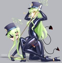 2girls absurdres anal anal_object_insertion black_blindfold black_bodysuit black_tail blindfold blowing_whistle blue_archive bodysuit chain_leash chains covered_eyes demon_tail double_penetration flat_chest gloves green_hair green_halo halo high_heels highres hikari_(blue_archive) holding holding_leash impossible_bodysuit impossible_clothes incest latex latex_bodysuit leash long_hair maguro27 multiple_girls nozomi_(blue_archive) object_insertion pet_play pointy_ears rabbit_pose riding saliva siblings sisters skin_tight tail tongue tongue_out twincest twins twintails vaginal_object_insertion vaginal_penetration very_long_hair whistle white_gloves x-ray yellow_eyes