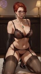 ai_generated bra curvy curvy_figure diana_burnwood embarrassed hair_bun hairbun high_heels hitman kneeling lace large_breasts lingerie makeup mature_female milf necklace on_knees orange_hair panties raiven skindentation sleeves stockings thick_thighs wide_hips worried