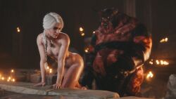 1girls 1monster 3d ass big_penis braid breasts cd_projekt_red ciri completely_nude female freckles freckles_on_face green_eyes hi_res high_resolution highres imminent_sex interspecies light-skinned_female light_skin mascara monster monster_on_female nipples nude penis presenting_ass res_(artist) scar sylvan_(the_witcher) the_witcher_(series) the_witcher_4 white_hair witcher_medallion witcherres