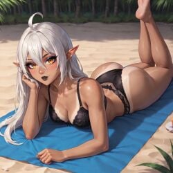 ai_generated ass ass_focus beach beach_towel big_breasts black_lipstick breasts elf elf_ears fit fit_female legs lingerie medium_breasts nice_ass orange_eyes original_character pointy_ears tan_body tan_lines tan_skin voloeil white_hair