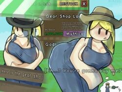 1girls almost_naked almost_nude big_ass big_breasts big_thighs blonde_female blonde_hair buazzo cowboy_hat female game girls_only grow_a_garden hat large_ass large_breasts large_butt large_thighs lipstick no_bra overalls overalls_only peeking_nipple roblox roblox_avatar roblox_game robloxian side_boob sideboob text text_box text_bubble