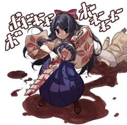 2girls black_hair bleeding blood boots coat commentary_request death full_body gosha_shizuku hairband hakama highres holding holding_sword holding_weapon izumi_ico japanese_clothes kimono long_hair looking_at_viewer meiji_schoolgirl_uniform multiple_girls nie_no_hakoniwa open_mouth pool_of_blood rikugou_suzune severed_head short_hair siblings sisters smile sword weapon