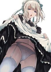 alternate_hairstyle apron ass_visible_through_thighs blue_eyes cameltoe garter_belt garter_straps grey_hair idolmaster idolmaster_shiny_colors inu_(aerodog) lace-trimmed_panties lingerie maid_headdress maid_uniform medium_hair midriff panties parted_lips serizawa_asahi skirt_lift thighhighs thighs underwear upskirt white_panties white_thighhighs