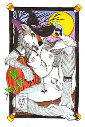 00s 2000s 2009 anthro breasts canine female fur furry halloween hat holidays luthiennightwolf moon nude pubic_tuft pussy solo white_fur witch_hat wolf