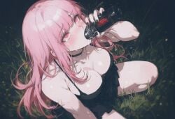 ai_generated big_breasts black_nightgown blush choker cleavage crying_with_eyes_open dildo_fellatio dildo_in_mouth eyes_rolling_back hololive kizirugai mori_calliope pink_hair rolling_eyes saliva sucking_dildo tears_of_pleasure vtuber