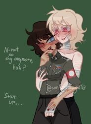 albino albino_girl bandage bandages blonde_hair blue_eyes blush breast_grab brown_hair brown_nipples burn_scar clothed_female fingering half-dressed half_naked height_difference hickey lesbian_couple lesbian_sex naked_female nazi nazi_armband nazi_uniform no_background one_eye painted_nails pink_eyes pubic_hair red_eyes red_lipstick scar_across_eye scar_on_face scars scars_all_over smirk smirking text watermark wlw ww2 yuri