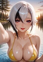 1girls ai_generated bikini black_eyes cleavage light-skinned_female light_skin looking_at_viewer medium_breasts outdoors partially_submerged red_lipstick selfie streaked_hair swimsuit symbol-shaped_pupils two_tone_hair wet