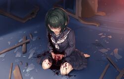 barefoot bleeding blood blood_on_clothes blood_on_face blood_splatter blush cuts female full_body game_cg glass_shards green_hair guro highres indoors injury kaguyuzu kuryo_nozomi looking_at_viewer looking_down nie_no_hakoniwa non-web_source open_mouth school_uniform serafuku short_hair sitting smile solo uterus