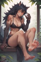 ai_assisted animal_ears arm_tattoo bangs bare_legs bare_shoulders barefoot bikini black_bikini black_hair black_nails breasts claws cleavage creamybiscuit dark_skin feet fingernails foot_focus hair_between_eyes hand_up long_hair messy_hair nail_polish short_shorts shorts signature soles sweat swimsuit tail tattoo toenail_polish toenails toes wolf_ears wolf_tail yellow_eyes