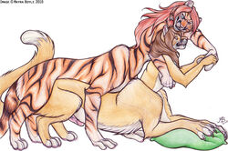 2010 breasts brown_hair chakat claws couple distraction feline furry futanari grin grope hair herm intersex lion long_hair mayra_boyle mountain_lion ocean penis rape_face red_hair sex sunny taur tiger video_games