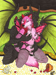 2010 anthro black breasts butterfly canine cherry closed_eyes dragon eyes female fingering fishnet from_behind fruit fur furry green grope horns hybrid luthiennightwolf male masturbation pink pubic_tuft pussy stockings wings wolf