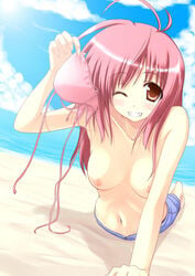 1girls arm_support barefoot beach blush breasts brown_eyes female long_hair lying midriff navel nipples nirap on_stomach original pink_hair sky smile solo topless water wink