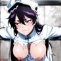 2d 2d_(artwork) 2d_artwork ahegao_ai ai_generated bambietta_basterbine bleach bleach:_the_thousand-year_blood_war dangling_breasts large_breasts patreon patreon_link patreon_logo patreon_url patreon_username pov pov_eye_contact sagging_breasts stuck stuck_in_object stuck_in_wall text watermark