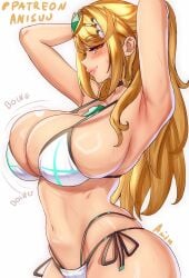 1girls anisdrawn armpits arms_up bare_shoulders bikini blonde_hair blush breasts chest_jewel cleavage closed_mouth core_crystal_(xenoblade) female gem headpiece highres jewelry large_breasts long_hair looking_at_viewer mythra mythra_(xenoblade) smile solo swept_bangs swimsuit tiara very_long_hair white_bikini xenoblade_(series) xenoblade_chronicles_(series) xenoblade_chronicles_2 yellow_eyes