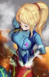 armor blonde_hair blue_bodysuit blue_eyes bodysuit breasts female highres ippers large_breasts long_hair metroid nintendo open_mouth power_armor power_suit_(metroid) samus_aran super_smash_bros. swept_bangs varia_suit zero_suit